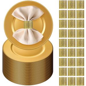 200pcs Gold Charger Plates With Napkin Rings Set Include 100 Gold Beaded Charger Plates 100 Napkin Rings, 13 Inch Plastic Round Chargers for Dinner, Wedding, Birthday, Party, Banquet, Table Setting, Large