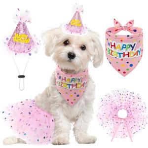 SCENEREAL Dog Birthday Bandana with Hat and Dress Girl Set, Puppy Birthday Party Supplies, Cute Pink Tutu Skirt Outfit for Small Medium Large Dogs