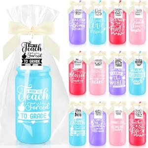 Skylety 12 Set Teacher Appreciation Gift Set 16 oz Reusable Plastic Cup with Lid and Straw Thank You Teacher Cup with Thanks Bow Card and Opp Bag Back to School Graduation Teaching Gifts(Stylish)
