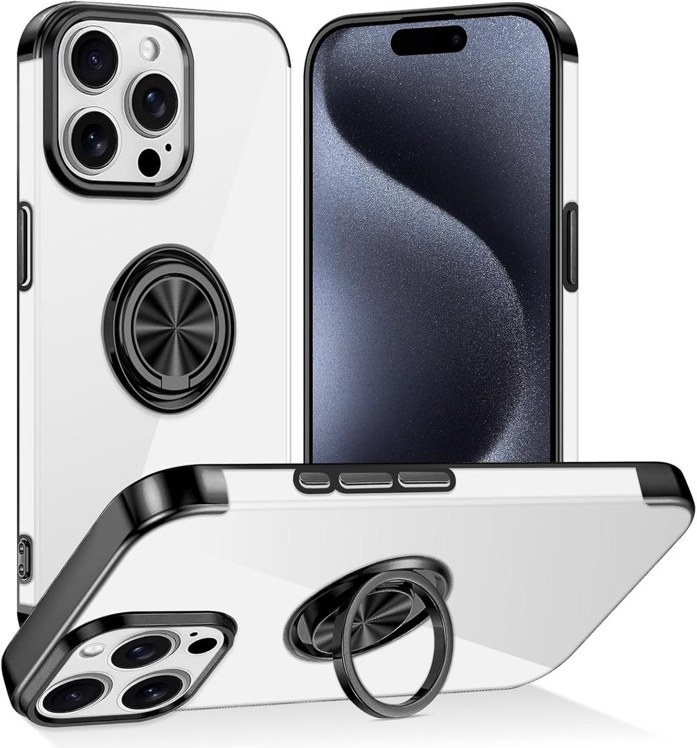 Tnarru Designed for iPhone 15 Pro Max Case with Stand [Magnetic Ring Holder Kickstand] Soft TPU Bumper Non-Yellowing Anti-Scratch Lightweight Slim for iPhone 15 Pro Max Case Black and Clear