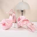 KHPAERMEI Bow Knot Platform Heels for Women Fashion Open Toe Chunky Heeled Sandals Ankle Strap Wedding Party Dress High Heels (Pink) 9
