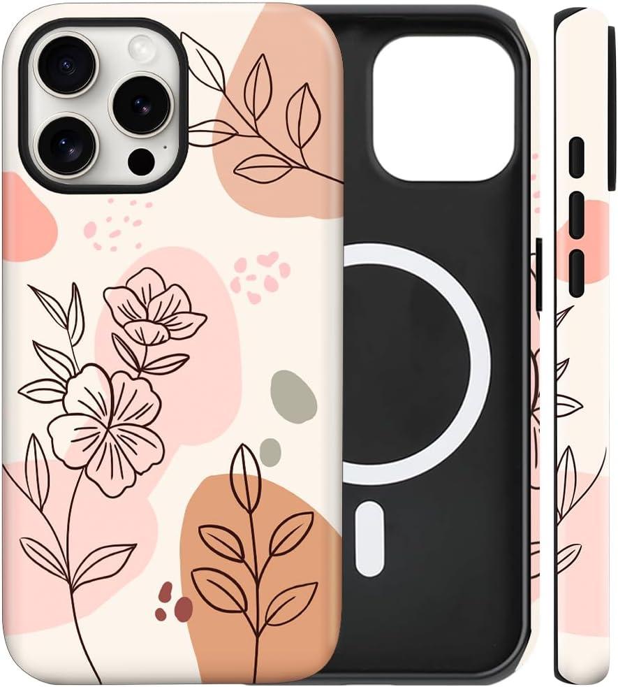 Magnetic for iPhone 15 Case Cute Blossom Floral Flowers Phone Case, Shockproof Slim TPU and Hard PC Protective Phone Cover Compatible with MagSafe Designed for Women Girls (Beige)