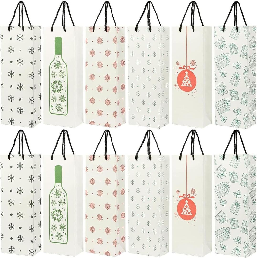 BLUE PANDA 24 Pack Christmas Wine Gift Bags with Handles - 6 White Winter Xmas Designs - Christmas Wine Bags for Wines Bottles Present, Winter Holiday Season Gathering Party, 15.3 x 3.2 x 5.5 Inch