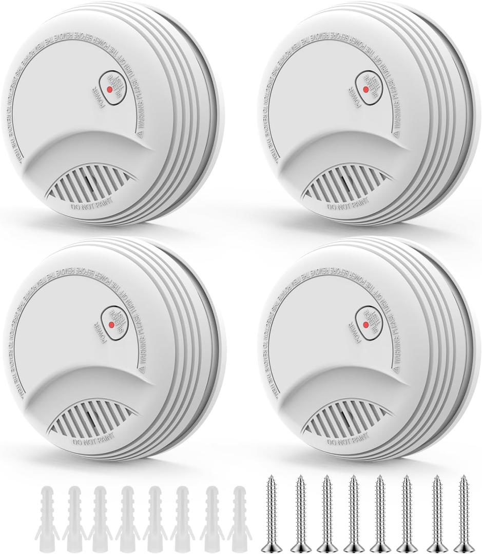 Photoelectric Smoke Detector with 9V Battery Included Smoke Alarm, 10-Year Sensor, Test/Silence Button, Low Battery Warning, Easy Mount, 4 Pack Fire Alarm for Home Bedroom Living Room