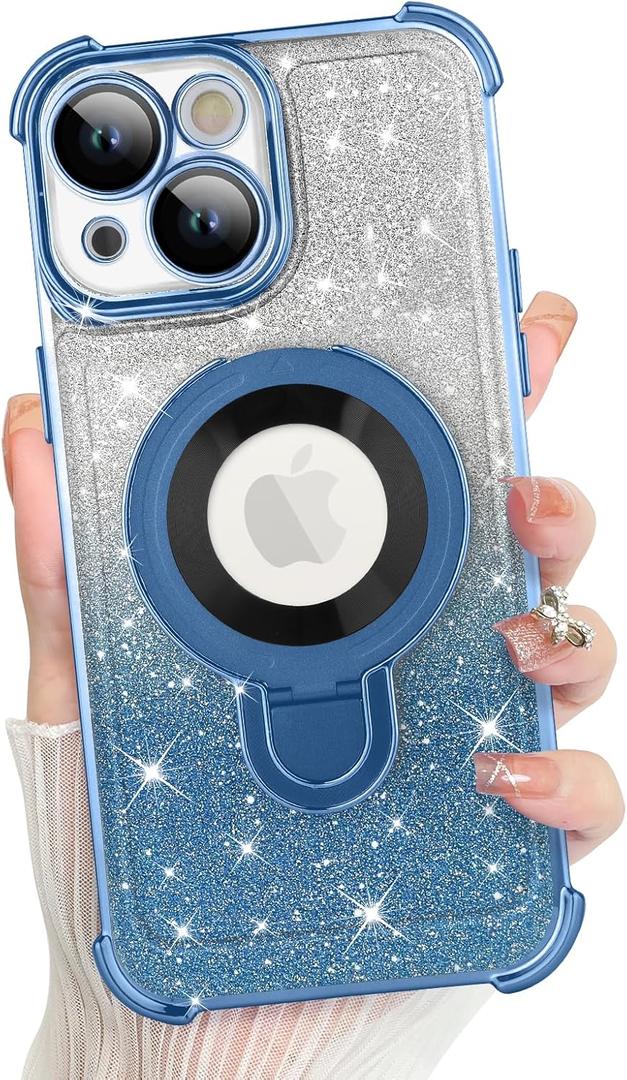 KANGHAR for iPhone 15 Case, Support for MagSafe [Four Corner Cushion Series] Kickstand Electroplate Edge Shockproof Durable Full Body Protection for Girls Women -Blue