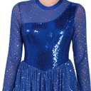 ODASDO Figure Skating Dress for Women Mesh Long Sleeve Sparkly Sequin Rhinestones Skirted Leotard Gym Ballet Dancewear (Blue, L)