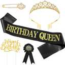 5 Pieces Birthday Accessories, Include Queen Sash, Tiara, Tinplate Badge Pin, Brooch Clip Pin and Happy Birthday Cupcake Topper for Women Party Favors