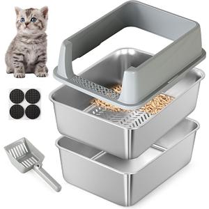 TIUUBT Stainless Steel Sifting Litter Box for Pine Pellets, Sifting Cat Litter Box with Sifter, High Side for Small Cats, AntiLeakage, Odor Control, Includes Scooper, 17.7" x 13.8" x 11"