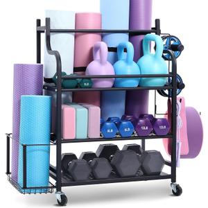 VEVOR Yoga Mat Storage Rack, Home Gym Workout Equipment Organizer, Powder Coated Finish Steel Yoga Mat Holder with Hooks & Wheels, Weight Rack for Dumbbell, Kettlebell, Foam Roller, and Yoga Strap (30.5inch)