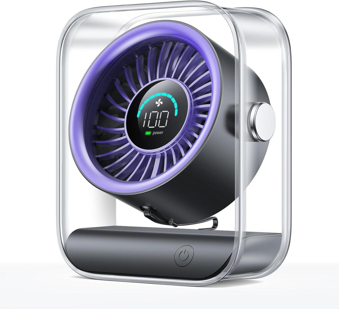 Rechargeable USB Desk Fan, Quiet Table Fan with Turbo Airflow, 100 Speeds, Digital Display, 90 Rotating, Small Battery Desktop Fans for Bedroom Home Office Travel, Purple