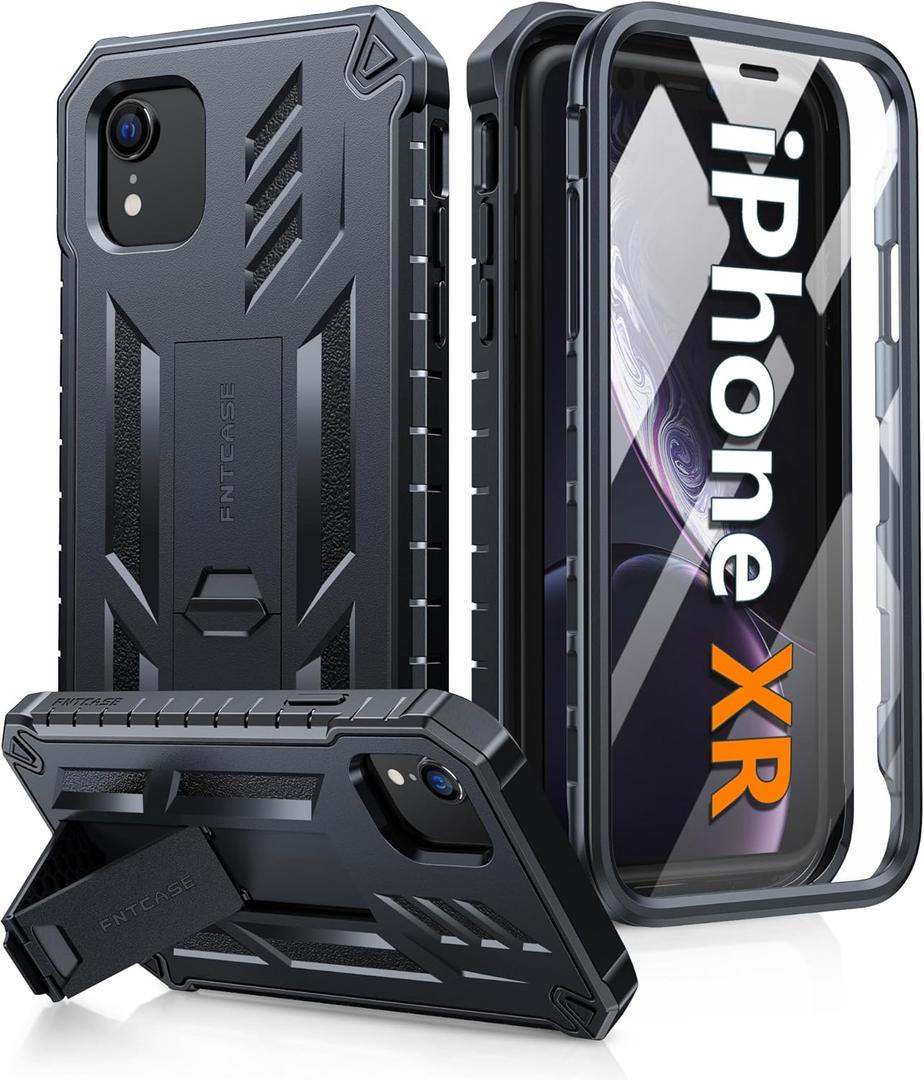 FNTCASE for iPhone XR Phone Case: Military Grade Full Protection Shockproof Hard Phonecase with Kickstand - Rugged Protective Cases Matte Textured Drop Proof Heavy Duty Cover - Black