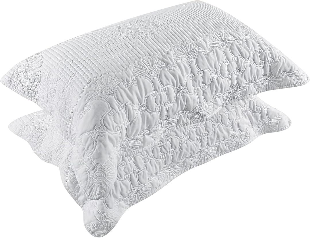BOSOWOS Pillow Shams Queen Size Set of 2, Ultra Soft Breathable Quilted Embroidery Pillow Cases 20 x 30 Inches for Sleeping, Decorative Microfiber Bed Pillowcases Easy Care, White