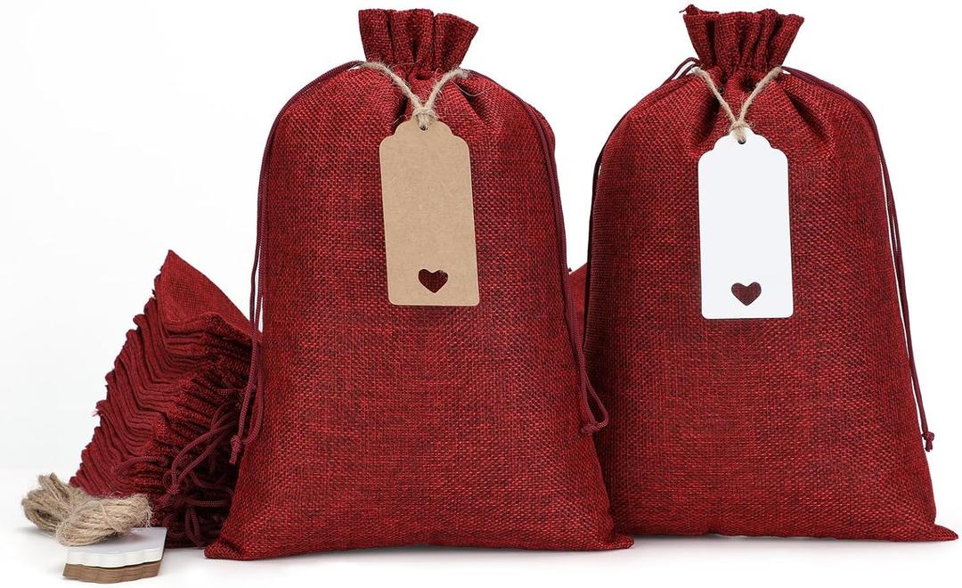 Tapleap Red Burlap Gift Bags with Drawstring - 30Pcs 8x12 Sacks for Wrapping Halloween Favors, For Birthday, Wedding, Baby Shower, Rustic Themed Party or Household Use