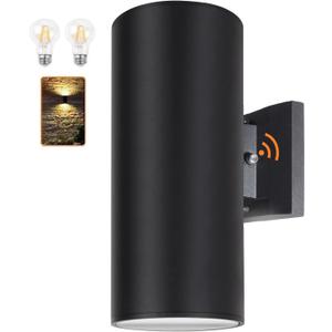 Outdoor Wall Light, Exterior Lighting with Dusk to Dawn Sensor - 2 Light Bulbs Included, Aluminum Waterproof Wall Mount Cylinder Design - Up Down Light Fixture for Porch, Backyard and Patio