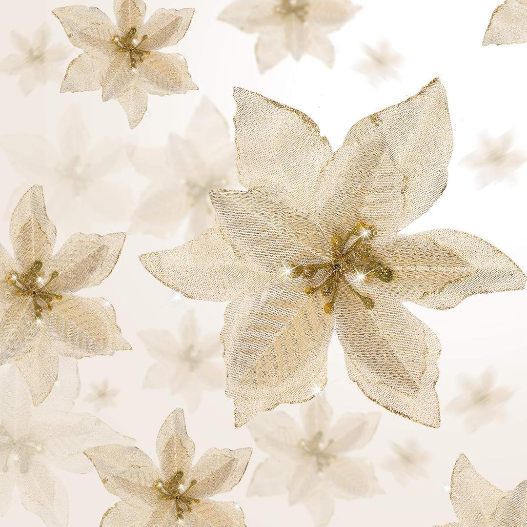 WILLBOND 24 Pcs 3 Size Poinsettia Flower Artificial Christmas Decor Glitter Poinsettia Christmas Ornaments Faux Flowers for Xmas Tree Outdoor(4/6/7.9 Inches,Gold)
