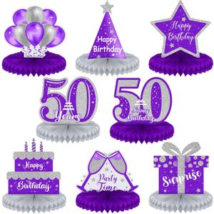 Ferraycle 8 Pcs 50th Birthday Decorations Honeycomb Centerpieces for Women Men Purple Silver Vintage 50th Birthday Party Table Decorations Honeycomb Table Topper for Anniversary Decorations gifts
