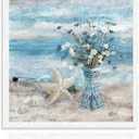Bathroom Beach Wall Decor Blue Ocean Canvas Wall Art Modern Coastal Seascape Painting Floral in Vase Print for Bedroom 14x14 in Unframed