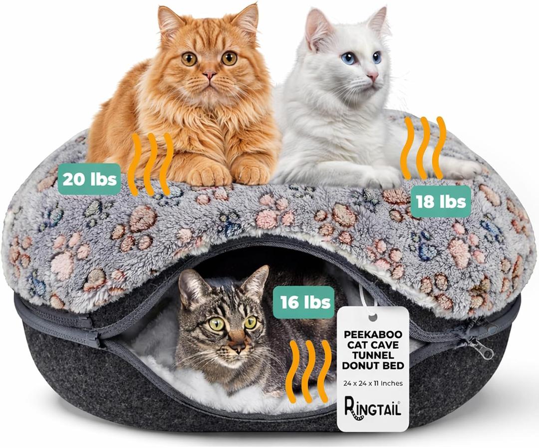 RINGTAIL Peekaboo Cat Cave Donut for Multiple & Large Cats Up to 30-45 lb, 3-in-1 Self Warming Cat Bed Tunnel with 2 Soft Fluffy Fleece Pet Blankets, Scratch, Detachable & Washable (Dark Gray, Large)