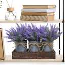 Set of 3 Small Potted Plants Arrangement Artificial Lavender Flower Plants in Rustic Galvanized Metal Pots with Decorative Wood Tray for Farmhouse Table Centerpiece Windowsill Country Indoor Decor