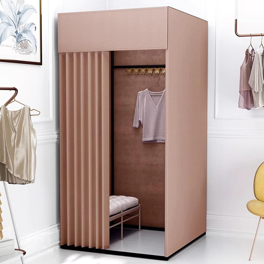 Clothing Store Fitting Room with Shading Curtain, Portable Temporary Mobile Privacy Protection Dressing Room, Foldable Mall Simple Changing Room for Office Outdoor Activity, 200x100x95cm(Light Brown)