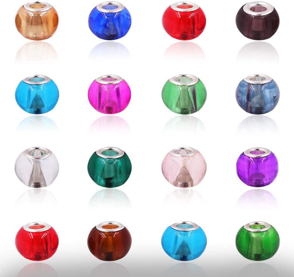 AIPRIDY 100Pcs 15x11mm Painting Murano Large Hole Glass Beads Mix Color with Silver Brass Cores European Charm fit Bracelet Necklace (10 Color Lampwork Beads)