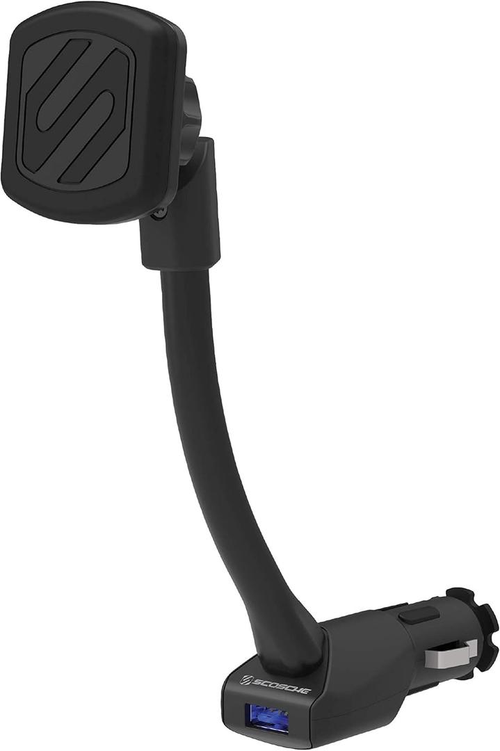 Scosche Magnetic Phone Mount for Car, USB Cigarette Lighter Adapter with Phone Holder, 12V Socket Plug-In, Adjustable Arm, Secure Magnet Grip, Built-In USB Charger for iPhone & Android Cell Phones (Black)