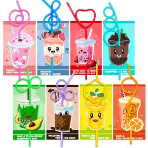 Valentines Day Cards for Kids with 32 Pack of Crazy Loop Reusable Drinking Straws, Bulk Valentine Exchange Cards for Girls Boys School Class Exchange Gifts Prizes, Valentine's Party Favors, 8 Styles