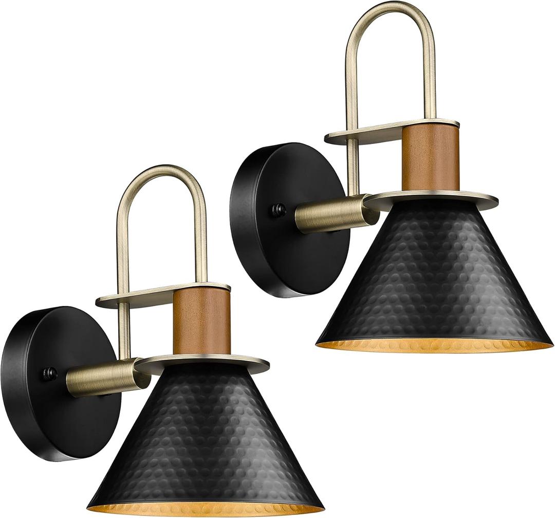 Modern Wall Sconces Set of Two, HWH Industrial Sconce Wall Lighting 1-Light, Brass Barn Wall Vanity Light for Bedroom Kitchen, Hammered Metal Shade, Black and Gold Finish, 5HZG74B-2L BK+BG