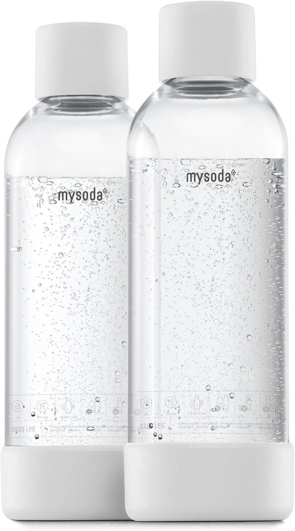 Mysoda Carbonating Bottles 2Pck 1L - Compatible with MySoda and any brands - Quick-Lock Reusable Bottles - Lid and Base Made of Wood Composite - BPA Free - White