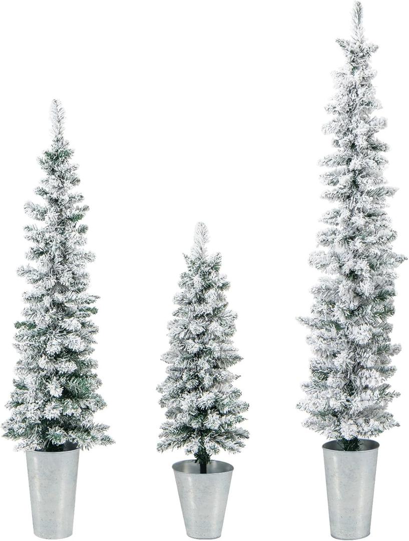 HAPPYGRILL Snow Flocked Potted Christmas Tree Set of 3, 3 4 5 Slim Pencil Xmas Trees w/ 120 140 160 Branch Tips, Silver Metal Buckets, Artificial Entrance Xmas Trees for Holiday Home Decoration