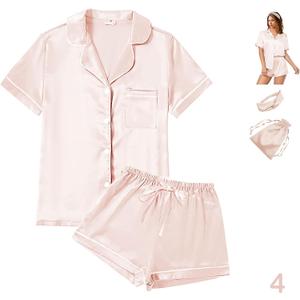 WJing Yi Jia 4Pcs Womens Satin Silky Pajama Sets Short Sleeve Shirt XS-4XL Floral Pajamas Set Soft PJ Loungewear Sleepwear (M)