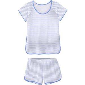 Hilinker Women Striped Pajama Set Short Sleeve Top with Shorts Sleepwear Pjs 2 Piece Lounge Sets (X-Small, Blue Wide White Stripe)