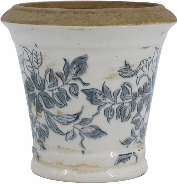 A&B Home White Ceramic Planter with Floral Pattern, Indoor Outdoor Round Plant Pot, Farmhouse Accent Planter, 5.3" x 5.3" x 5", Pack of 2
