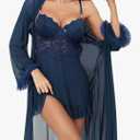 Women Sexy Lingerie Set, 3 Piece Babydoll with Mesh Kimono Robe & Lace Panty, Lace Trim Teddy Chemise Nightwear,  L