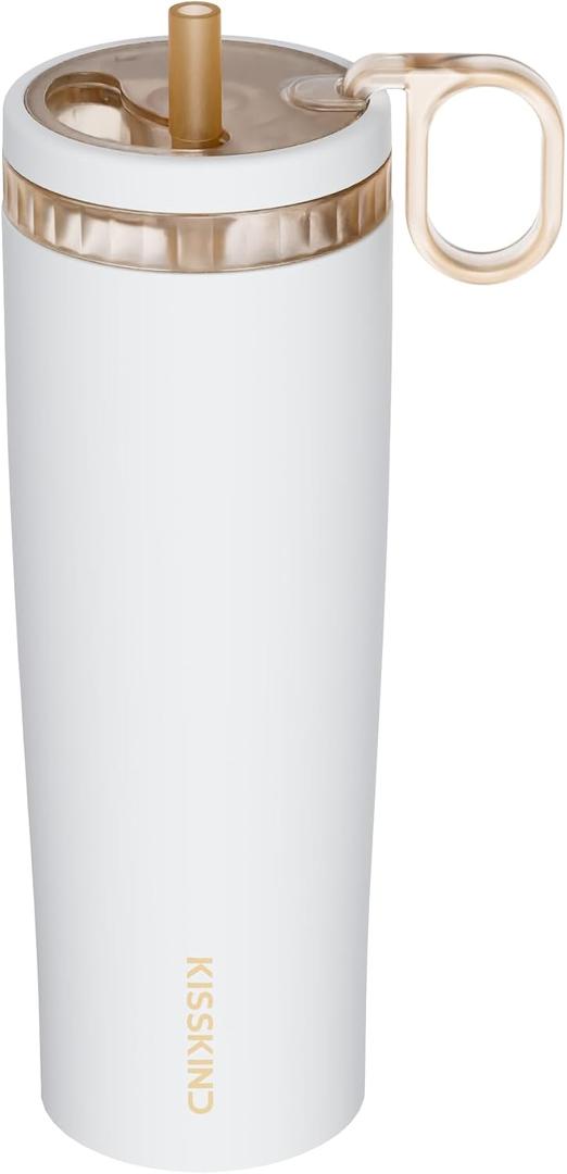 KISSKIND Iced Coffee Tumbler with Hidden Straw, 24 oz Reusable Iced Coffee Cup, Ceramic Lined Travel Mug Fits in Bags and Car Cupholders, 100% Leakproof Cold Brew Cup, No Spill, Clean Brew