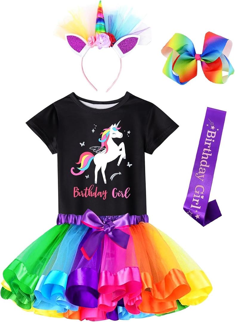 Doctor Unicorn Birthday Girls Unicorn Costume Outfit Rainbow Tutu, Unicorn T-shirt, Satin Sash, Hair Bow & Headband Rainbow/Black Unicorn Shirt, 4-5 Years