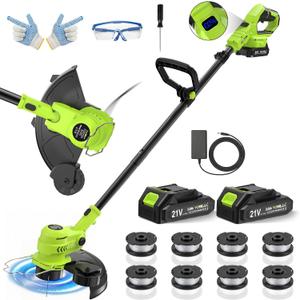 VOERJIA Cordless Grass Trimmer 21V, 30cm Cutting Diameter Garden Strimmer with 2 Batteries & Charger, Auto Line Feed, 8 Spools Included, 2-in-1 Lawn Edger with 90° Adjustable Head （Pro Edition-LCD）