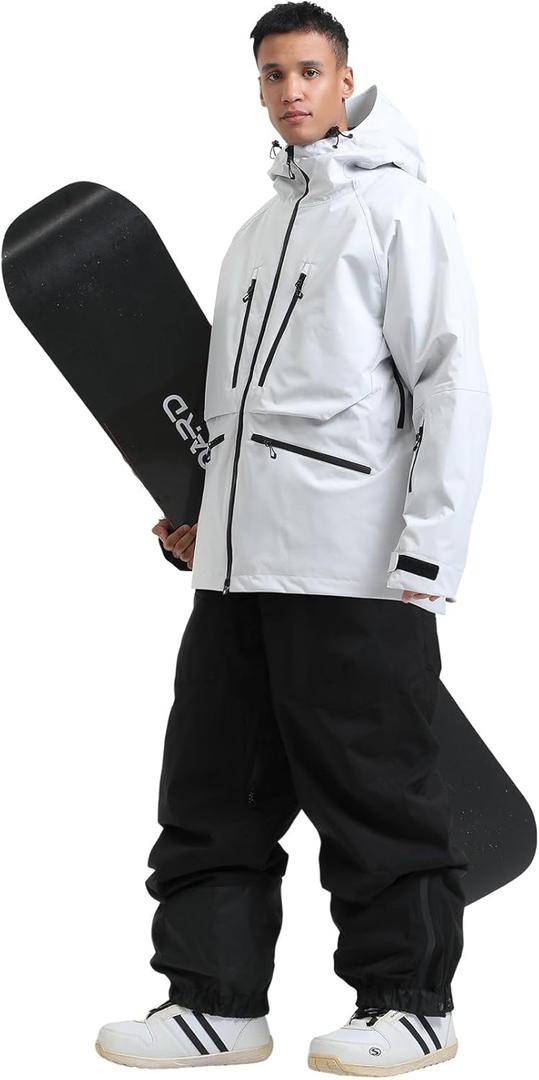 GSOU SNOW Mens Ski Jacket and Pants Set Baggy Snowboard Suit Ski Snowsuit Snow Bibs Waterproof Hooded (X-Large, Grey Black)