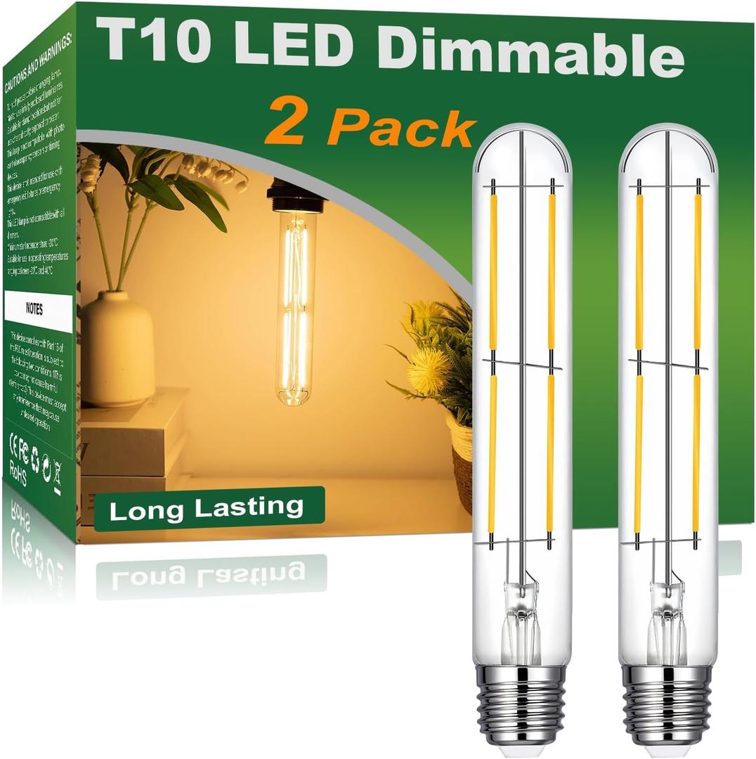 Vinaco T10 Tube Bulb LED 6W Equal. 60W, 2 Pack 7.3 Inch T10 Tubular Light Bulbs E26 Dimmable 2700K Warm White, Clear Glass T10/T30 LED Edison Bulb for Sconce, Floor Lamp, Tall Island Pendant Lamp
