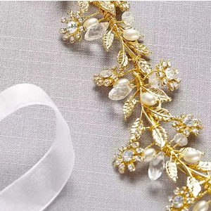 Bridal Hair Comb Crystal Flower Vine Wedding Hair Pieces Rhinestones Pearl Wedding Headbands,Handmade Bridal Hair Pieces Prom Hair Accessories Gold (1)