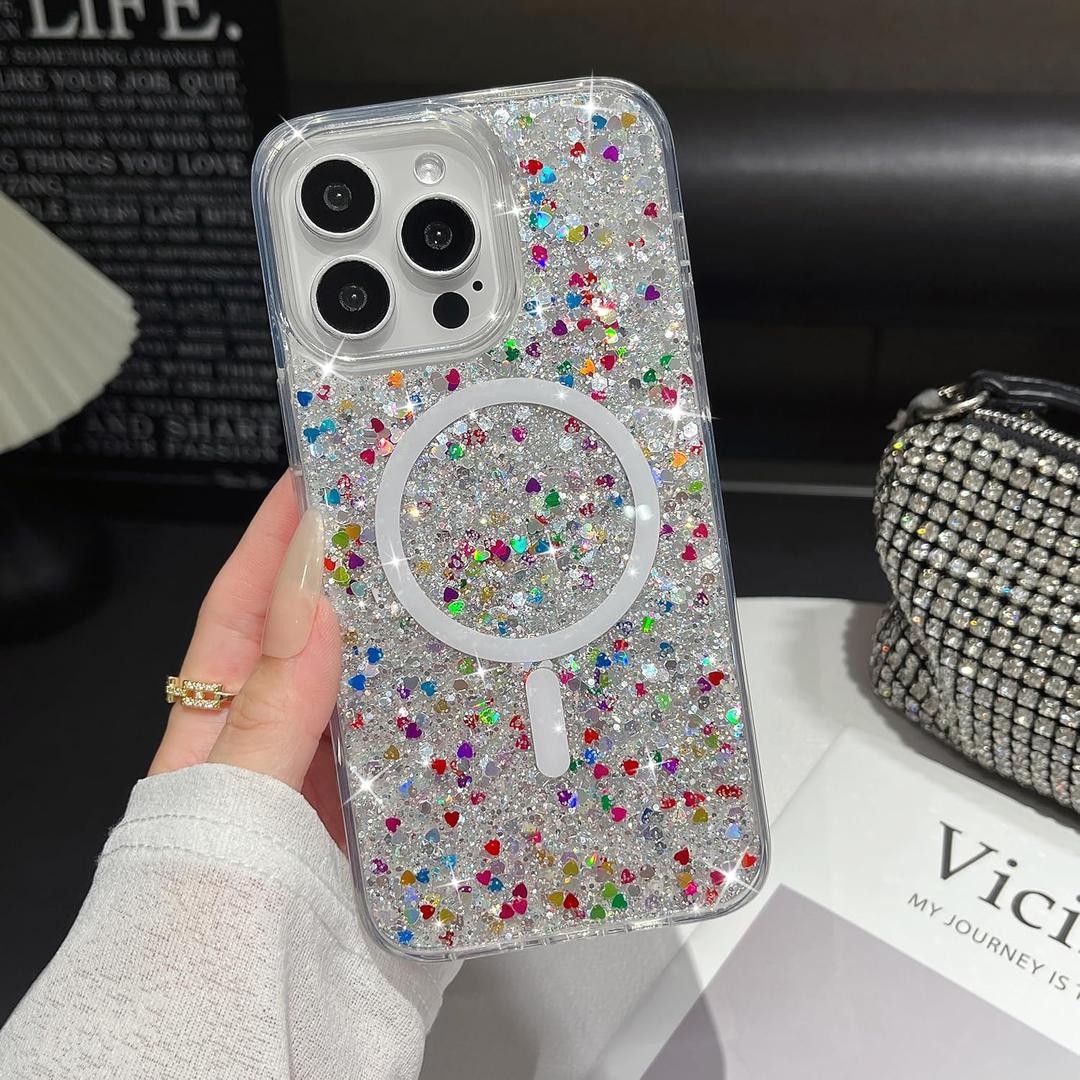UEEBAI Glitter Case Magnetic for iPhone 15 Pro Max Case, Luxury Shiny Bling Sparkly Phone Cover Compatible with MagSafe, Wireless Charge Crystal Diamonds Shiny Cover for Women - Clear