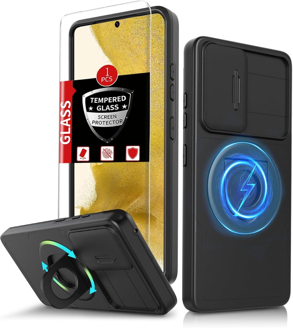 for Samsung Galaxy S22 Plus Case Magnetic Compatible with MagSafe Wireless Charging,with Screen Protector,for S22+Plus Case with Stand Ring+Camera Cover Shockproof Heavy Duty Protection Black