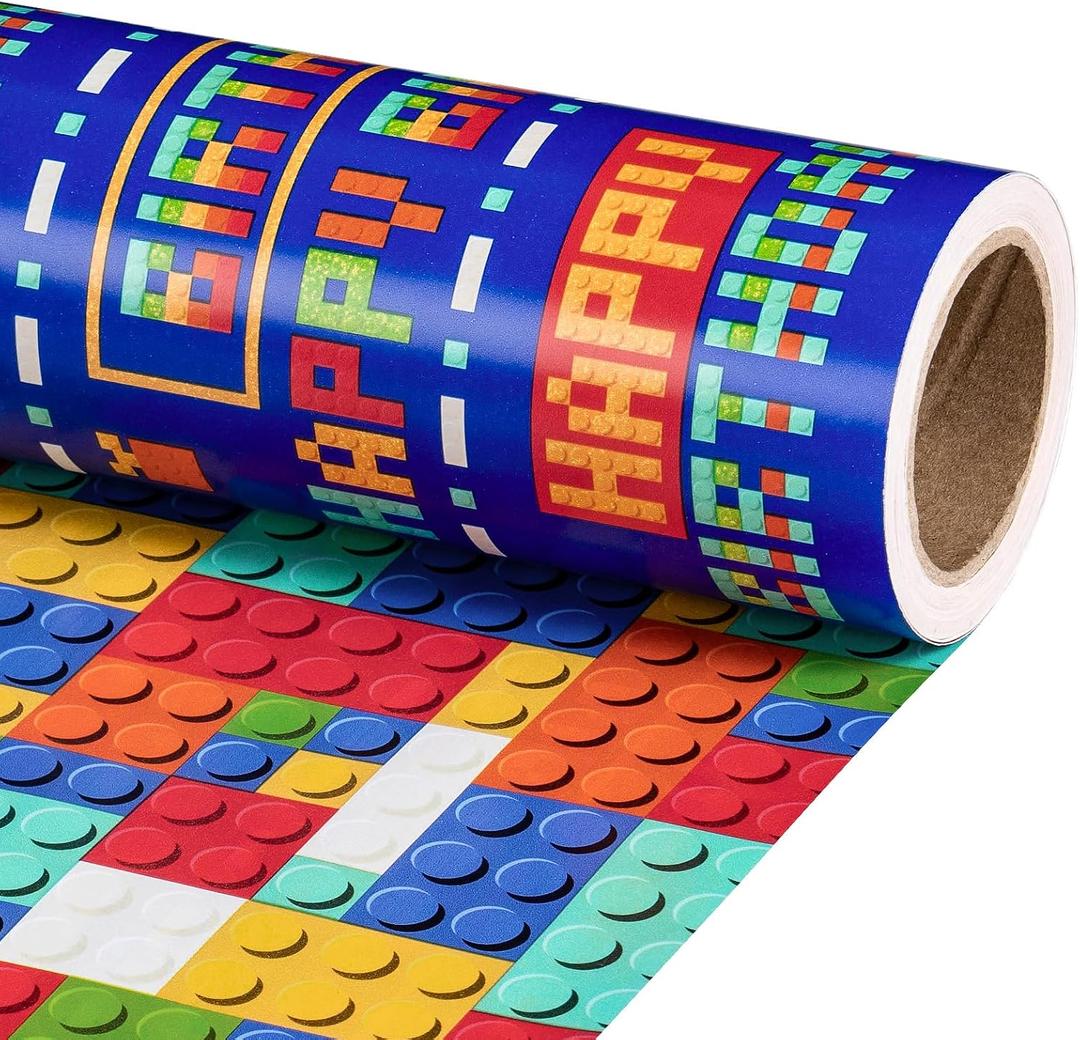 RUSPEPA 30" X 32.8' Reversible Boys Birthday Wrapping Paper Large Paper Roll, Jumbo Roll, Colorful Pixel Art and Building Block Design, Funny Gift Wrap for Birthday, Gaming Theme Party