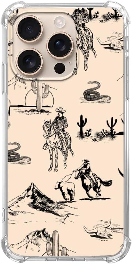 Vintage Cowboy Case Compatible with iPhone 16 Pro, Wild West Mountain Cactus Case for iPhone 16 Pro, Cool TPU Shockproof Case Cover