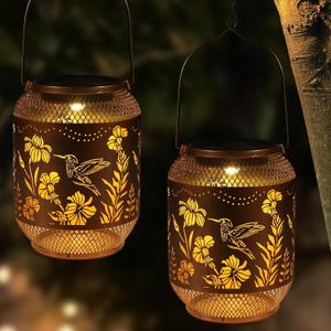 2 Pack Solar Lanterns Outdoor, Birthdays Gifts for Women Mom Grandma, Metal Waterproof Hanging Hollow Out Garden Decorative Solar LED Light for Yard, Patio, Lawn, Porch, Backyard (Hummingbird)