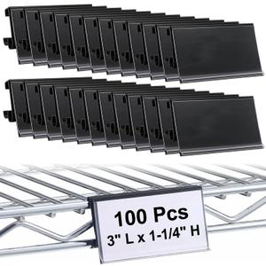 Elsjoy 100 Pack Wire Shelf Label Holders, Compatible with Metro 1-1/4" Shelves, Plastic Wire Rack Price Tag Clips, Black