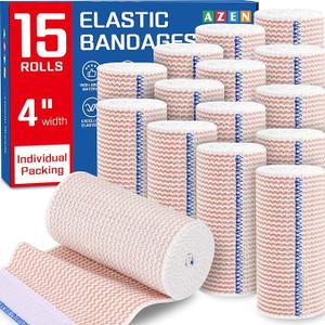 AZEN Premium 15 Pack Elastic Bandage Wrap 4 Inch, Compression Wrap Bandage for Legs, Ankle, Knee, Tummy, Body, Latex-Free, Lymphedema Wraps for Legs