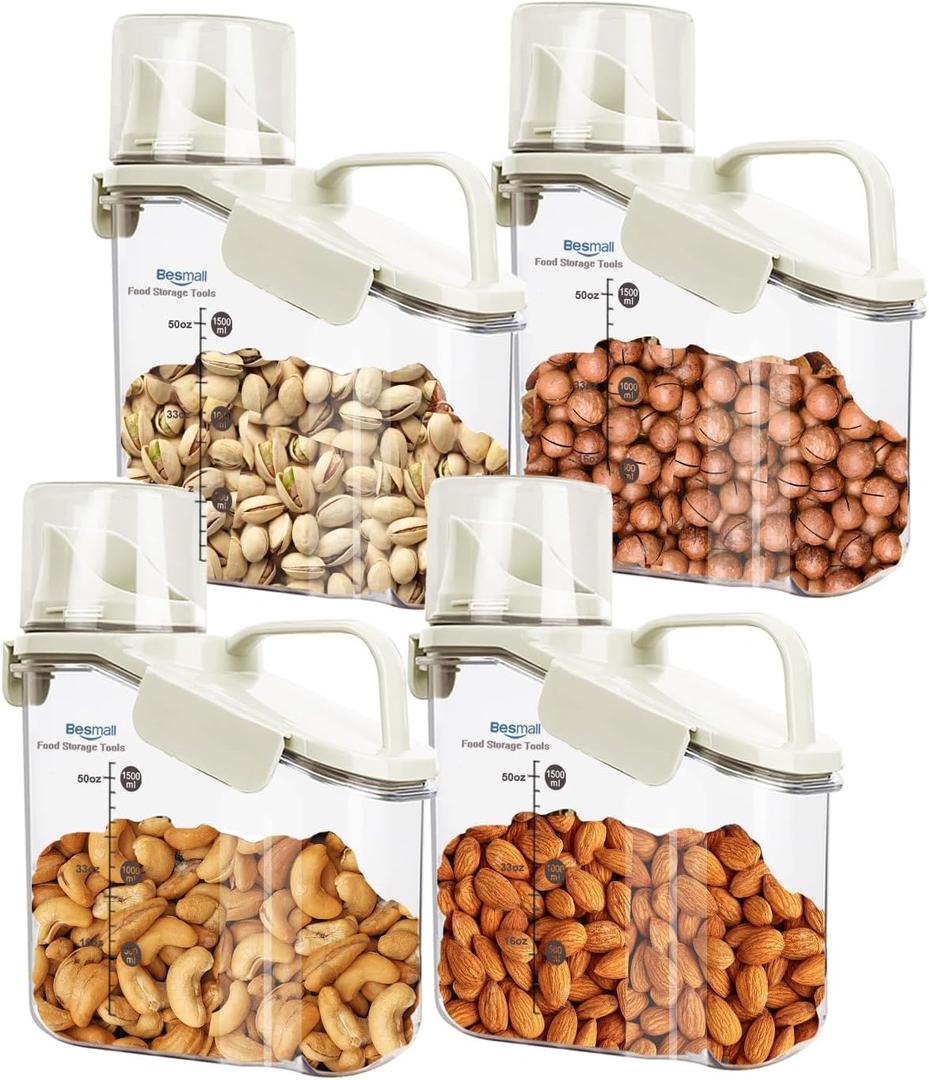 Small Cereal Containers Storage with Pour Spout and Measuring Cup Food Storage Containers Airtight Plastic Dry Food Dispenser for Flour, Grain, Rice, White, 1.6L / 54oz (4pcs) Small Cereal Containers Storage with Pour Spout and Measuring Cup Food Storage Containers Airtight Plastic Dry Food Dispenser for Flour, Grain, Rice, White, 1.6L / 54oz (4pcs)