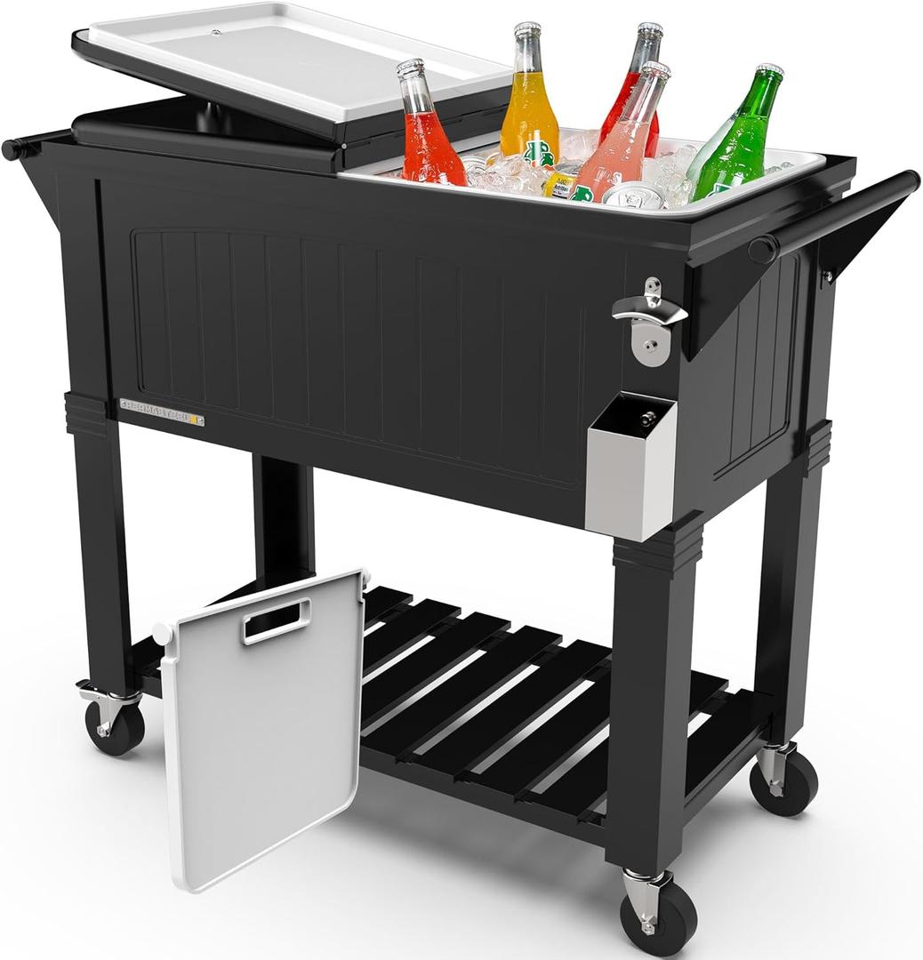 Permasteel Party Cooler with Divider, Spacious 80-Qt Capacity, Chills 36hrs, Serving Tray, Rolling Ice Chest for Indoor and Outdoor Entertainment, Matte Black