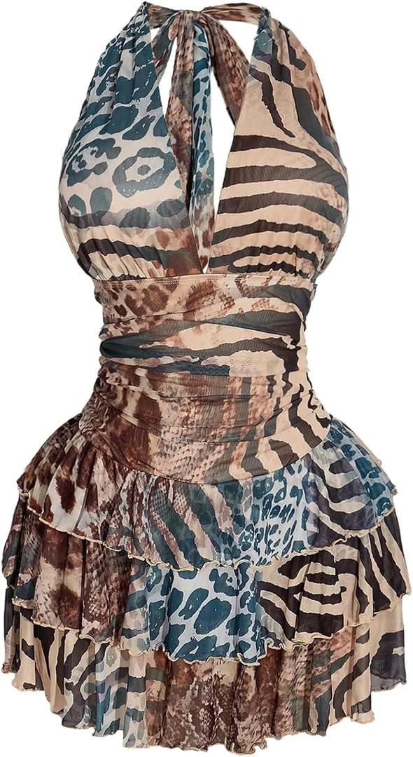 SHENHE Women's Plus Size Halter Mesh Dress Y2K Animal Print Club Mini Dress (L)